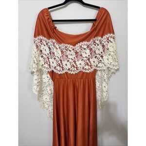 Vintage 70s Handmade Dress Orange Maxi Woman's M Cape Top Soft‎ Lace Trim Boho*